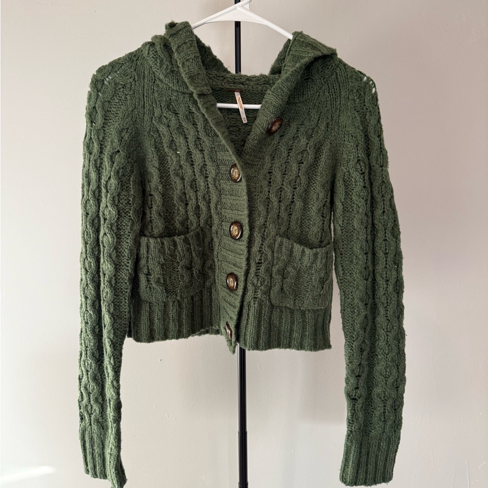 Free People Dark Green Cable Knit Cardigan Hooded Sweater Size XS - Picture 2 of 6
